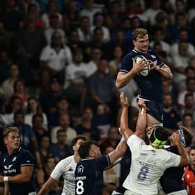 Scotland's lock Richie Gray catches the ball from a line-out during the defeat by France.