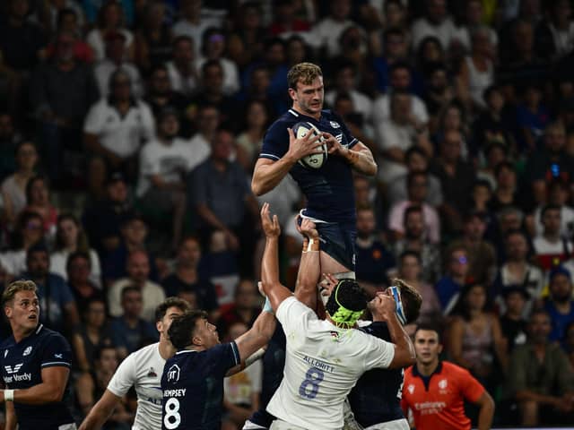 Scotland's lock Richie Gray catches the ball from a line-out during the defeat by France.
