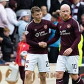 Hearts' Aidan Denholm and Liam Boyce at full time following the 0-0 draw with Kilmarnock at Tynecastle.
