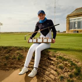 Grace Crawford shows off the Helen Holm Scottish Women's Open trophy following her win at Royal Troon. Picture: Scottish Golf