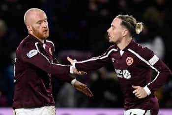 Hearts' Liam Boyce (left) celebrates with Barrie McKay after scoring against Celtic last month. (Photo by Rob Casey / SNS Group)