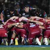 Jamie Bhatti, pictured on the right alongside front-row colleagues Zander Fagerson and Fraser Brown, felt the Glasgow Warriors scrum functioned well against the Scarlets in the recent league match at Scotstoun.  (Photo by Ross MacDonald / SNS Group)