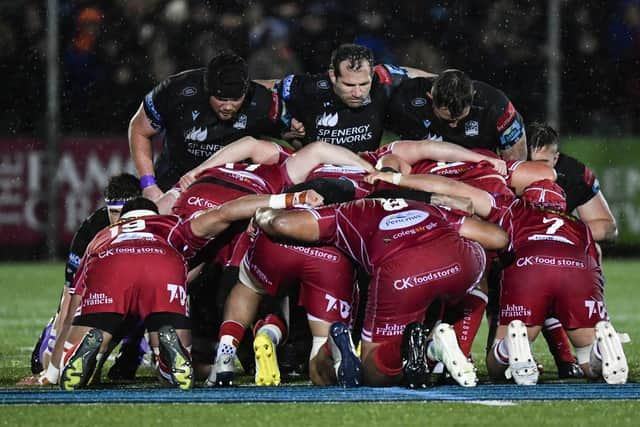 Jamie Bhatti, pictured on the right alongside front-row colleagues Zander Fagerson and Fraser Brown, felt the Glasgow Warriors scrum functioned well against the Scarlets in the recent league match at Scotstoun.  (Photo by Ross MacDonald / SNS Group)