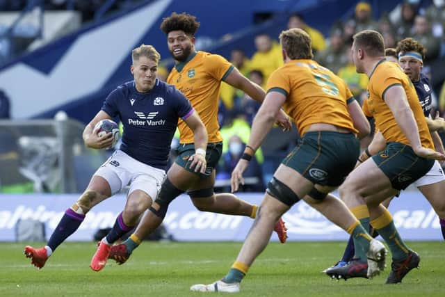 Scotland wing Duhan van der Merwe on the attack against Australia during last season's 15-13 win in the Autumn Nations Series. (Photo by Craig Williamson / SNS Group)