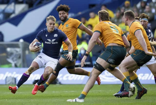 Scotland wing Duhan van der Merwe on the attack against Australia during last season's 15-13 win in the Autumn Nations Series. (Photo by Craig Williamson / SNS Group)