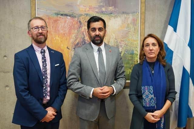 Marc Lassouaoui, UNRWA Senior Manager Outreach Europe and Director of the UNRWA Representative Office for Europe Ms Marta Lorenzo, with first minister Humza Yousaf in Edinburgh in November.