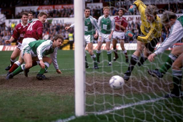 John Robertson scores for Hearts against Hibs in 3-1 win in 1991