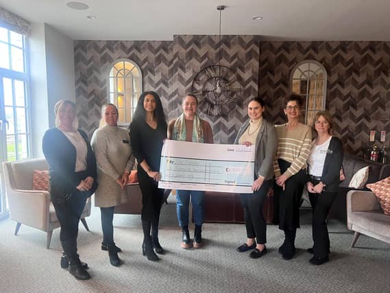 From left: Pauline Forbes, Landale Court reception team; Lis Rutherford, sales at Landale Court; Jess Nicoll, Brio National Sales & Marketing Manager; Starkeeper Morton, founder and CEO at The Haven Charity; Charlotte Kouri, Assistant General Manager at Brio Landale Court; Sharon Humphries, Sales at Landale Court and Sandra Farquhar, Landale Court reception team.