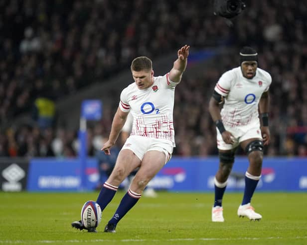 England's Owen Farrell kicks a penalty during the Autumn International match at Twickenham Stadium, London. Picture date: Saturday November 26, 2022.
