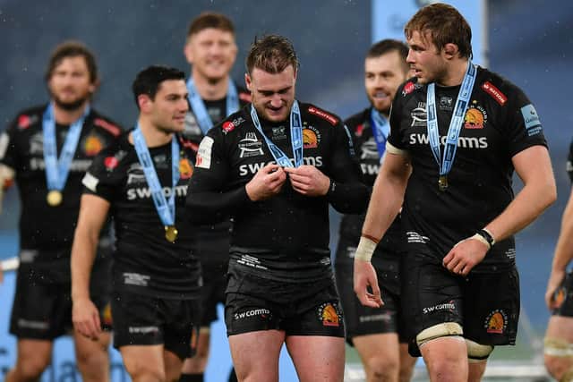 Stuart Hogg and Jonny Gray helped Exeter Chiefs win a Premiership and Heineken Champions Cup double. Picture: Dan Mullan/Getty Images