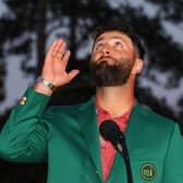 Jon Rahm looks up to the sky as he pays a tribute to Seve Ballesteros during the Green Jacket Ceremony after winning the 2023 Masters at Augusta National Golf Club. Picture: Andrew Redington/Getty Images.