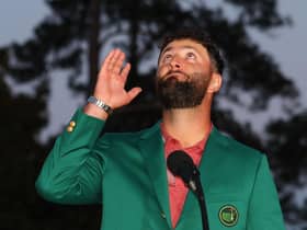 Jon Rahm looks up to the sky as he pays a tribute to Seve Ballesteros during the Green Jacket Ceremony after winning the 2023 Masters at Augusta National Golf Club. Picture: Andrew Redington/Getty Images.