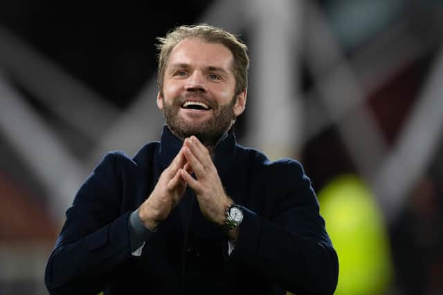 Hearts manager Robbie Neilson celebrates at full time after the 3-2 win over Motherwell at Tynecastle. (Photo by Mark Scates / SNS Group)