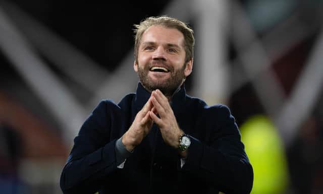 Hearts manager Robbie Neilson celebrates at full time after the 3-2 win over Motherwell at Tynecastle. (Photo by Mark Scates / SNS Group)