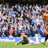 Celtic's Daizen Maeda goes down in the box looking for a penalty during a cinch Premiership match between Rangers and Celtic at Ibrox Stadium, on April 02, 2022, in Glasgow, Scotland.  (Photo by Rob Casey / SNS Group)