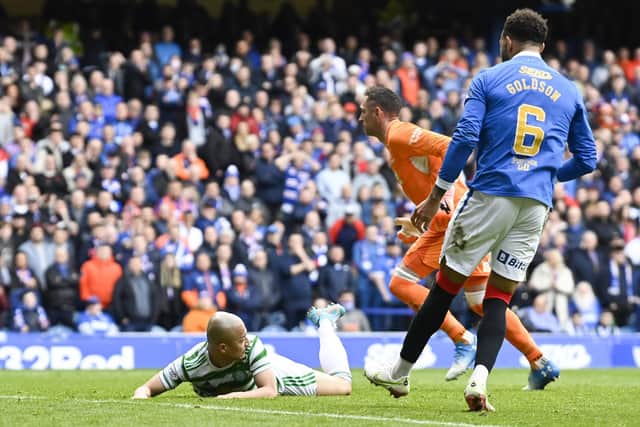 Celtic's Daizen Maeda goes down in the box looking for a penalty during a cinch Premiership match between Rangers and Celtic at Ibrox Stadium, on April 02, 2022, in Glasgow, Scotland. (Photo by Rob Casey / SNS Group)