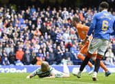 Celtic's Daizen Maeda goes down in the box looking for a penalty during a cinch Premiership match between Rangers and Celtic at Ibrox Stadium, on April 02, 2022, in Glasgow, Scotland.  (Photo by Rob Casey / SNS Group)