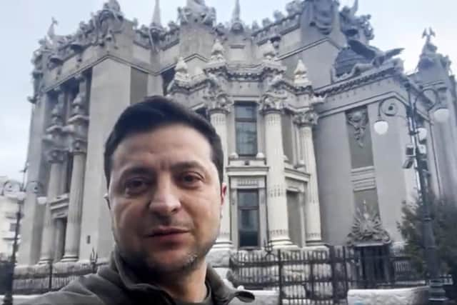 Ukrainian president Volodymyr Zelenskyy speaks to the nation via his phone in the centre of Kyiv. Picture: Ukrainian Presidential Press Office via AP, File