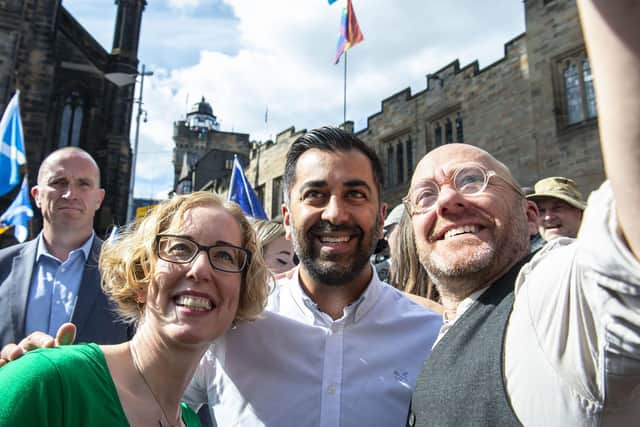 Green co-leaders Patrick Harvie and Lorna Slater with Humza Yousaf (Picture: Lisa Ferguson/National World)