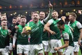 Hibs' Martin Boyle leads the celebrations at full time after his hat-trick helped down Rangers at Hampden in 2021.