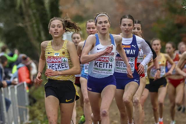 Emma Heckel of Germany, Megan Keith of Great Britain and Ingeborg Ostgard of Norway compete during the U-20 Women race of the European Cross Country Championships.