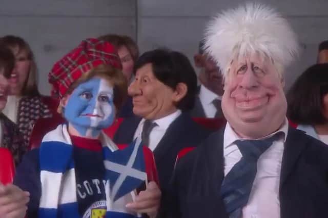 Nicola Sturgeon as depicted on the new Spitting Image, along with Boris Johnson.