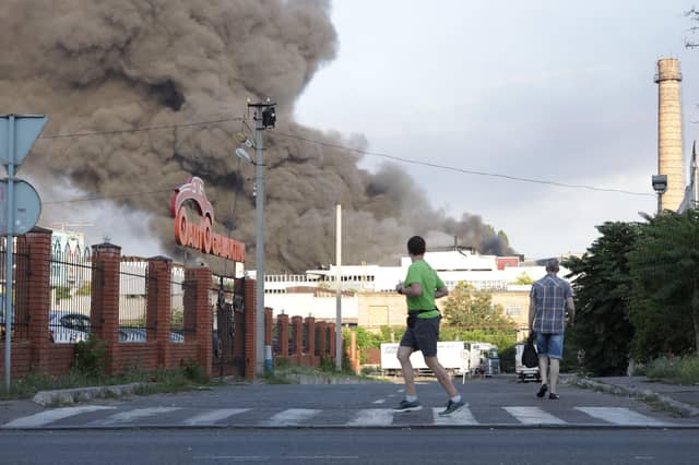 Smoke rises after a Russian missile strike on a warehouse of an industrial and trading company in Odesa (Picture: Oleksandr Gimanov/AFP via Getty Images)