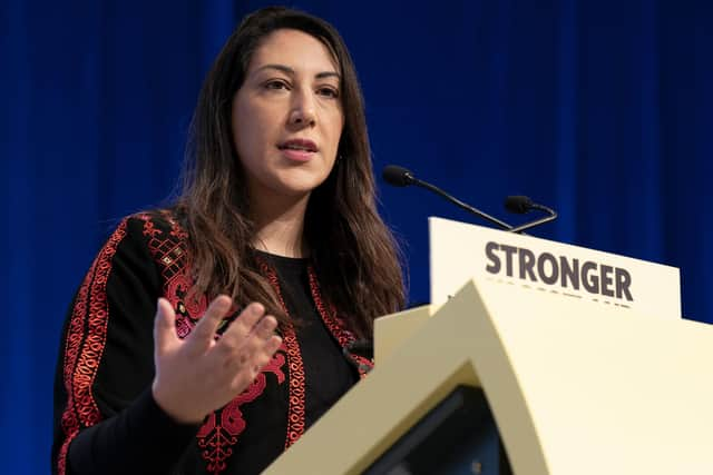 SNP councillor Nadia El-Nakla, wife of First Minister Humza Yousaf, speaks on an emergency motion on Israel-Palestine during the SNP annual conference in Aberdeen. Jane Barlow/PA Wire