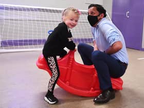 Anas Sarwar spends some time with Ariah Gilliland, 4 from Maryhill, during a visit to a mother and toddler group.