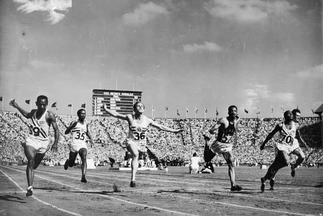 The finish of the 100m final at the 1948 London Olympics. Harrison Dillard (69) wins the race, with Barney Ewell (70) second, Lloyd La Beach (57) third, Alastair McCorquodale of Britain (36) fourth, Mel Patton of the USA (71) fifth and McDonald Bailey of Britain (35) sixth.