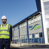 PD&MS CEO Simon Rio and Thomas Barter, head of renewables business development, outside the Seagreen Offshore Wind Farm base at Montrose Port. Picture: Ross Johnston/Newsline Media