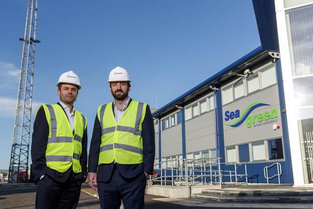 PD&MS CEO Simon Rio and Thomas Barter, head of renewables business development, outside the Seagreen Offshore Wind Farm base at Montrose Port. Picture: Ross Johnston/Newsline Media