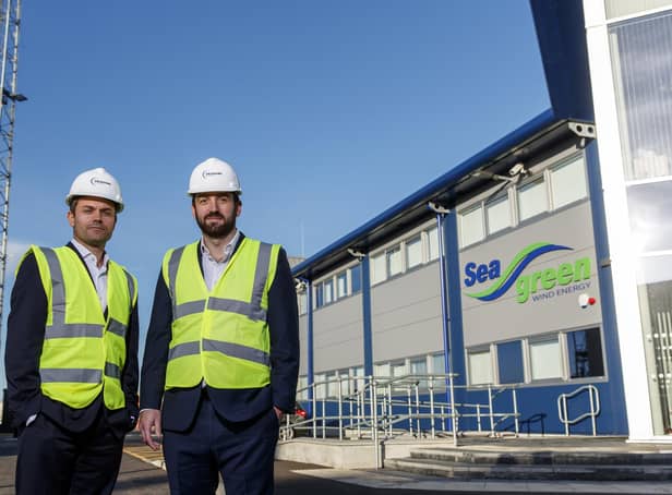 PD&MS CEO Simon Rio and Thomas Barter, head of renewables business development, outside the Seagreen Offshore Wind Farm base at Montrose Port. Picture: Ross Johnston/Newsline Media