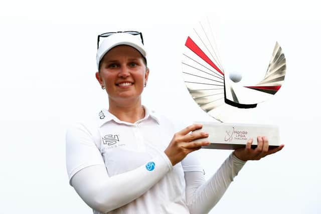 Dane Nanna Koerstz Madsen poses with the trophy after winning the Honda LPGA Thailand at Siam Country Club in Pattaya. Picture: Thananuwat Srirasant/Getty Images.