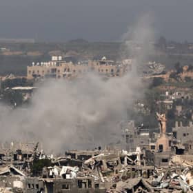Smoke billows amid destroyed buildings in Gaza in this picture taken from a position in southern Israel this week.