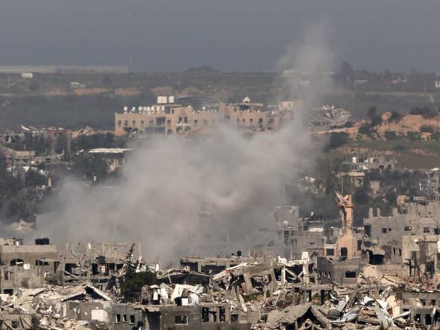 Smoke billows amid destroyed buildings in Gaza in this picture taken from a position in southern Israel this week.