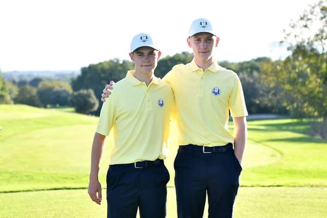 Connor Graham and Sean Keeling pose before the start of the foursomes on day one of the Junior Ryder Cup at Golf Nazionale in Rome. Picture: Valerio Pennicino/Getty Images.