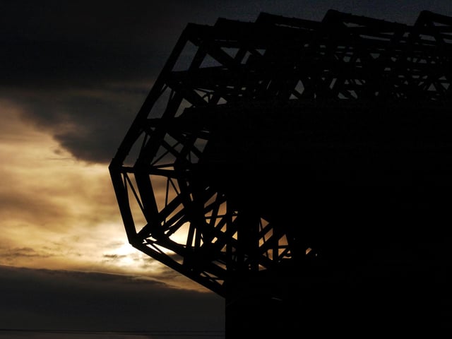 Exterior of Murrayfield Stadium at dusk.