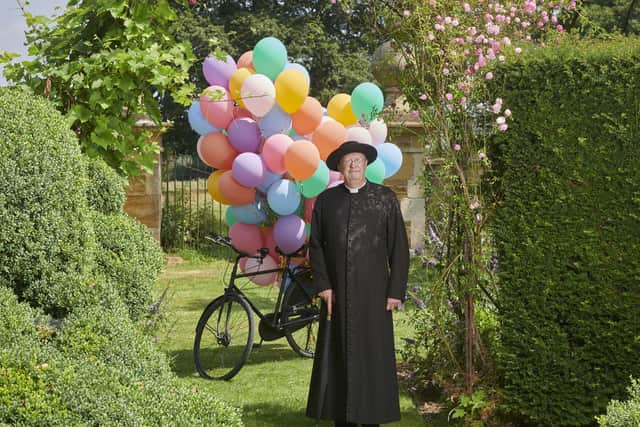 Father Brown, played by Mark Williams, with biodegradable balloons for the 100th Episode of the hit drama.