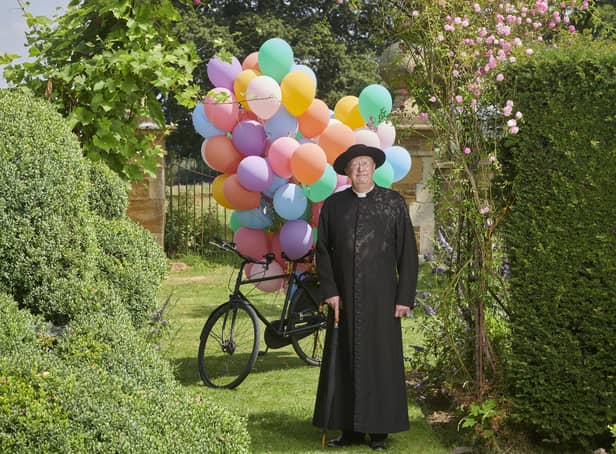 Father Brown, played by Mark Williams, with biodegradable balloons for the 100th Episode of the hit drama.