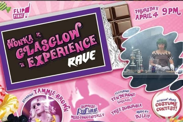 An advert for the Glasgow Willy Wonka Experience rave night in a New York nightclub (Image: Flipphone Events)