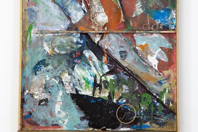 Dart, 2020 by Sara Barker. Plywood tray, brass rod, automotive paint, oil paint, tinfoil PIC: Mike Bolam