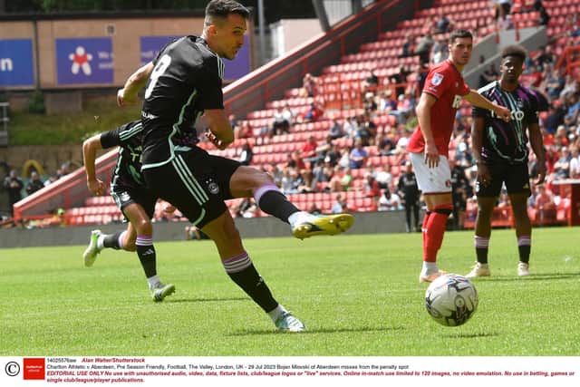 Bojan Miovski missed a penalty but was also on target in Aberdeen's 3-2 win over Charlton.