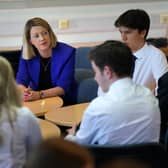 Education Secretary Jenny Gilruth chats to pupils during a visit to Craigmount High School in Edinburgh to mark SQA Results Day 2023. Andrew Milligan/PA Wire