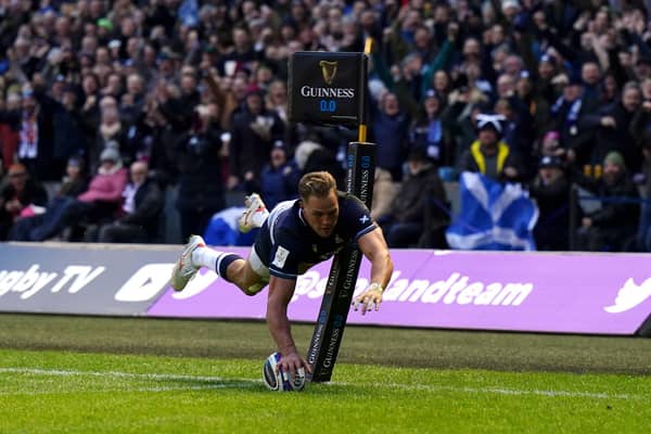 Duhan van der Merwe scores his second try of the match during Scotland's clash with England at Murrayfield.