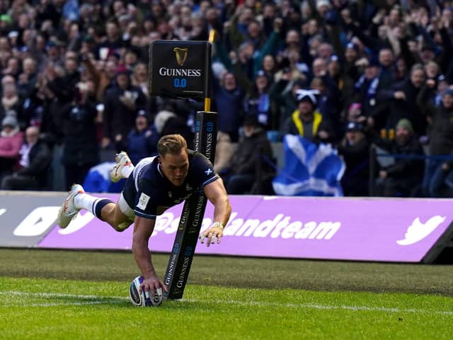 Duhan van der Merwe scores his second try of the match during Scotland's clash with England at Murrayfield.