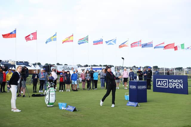 Georgia Hall plays a shot during the Golden Ticket Masterclass at Carnoustie Golf Links. Picture: Warren Little/R&A/R&A via Getty Images.