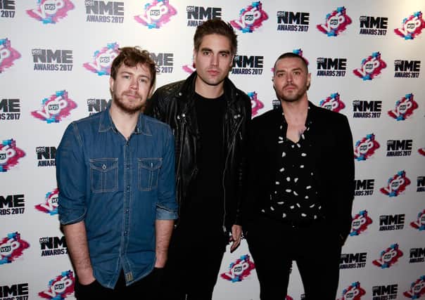 James Bourne, Charlie Simpson and Matt Willis of Busted attend the VO5 NME Awards 2017 at the O2 Academy (Photo by John Phillips/Getty Images).