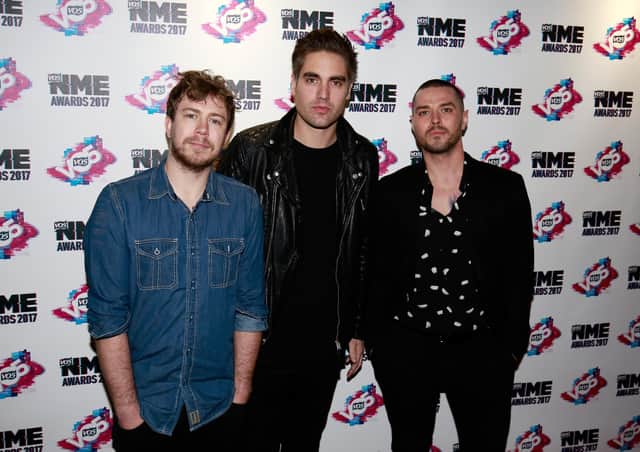 James Bourne, Charlie Simpson and Matt Willis of Busted attend the VO5 NME Awards 2017 at the O2 Academy (Photo by John Phillips/Getty Images).