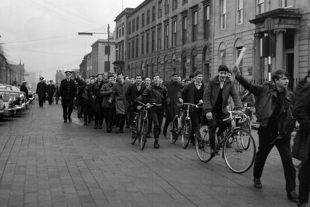 Glasgow engineering apprentices march to Pitt Street for strike meetings in 1964.